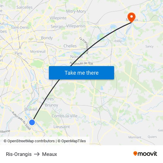 Ris-Orangis to Meaux map