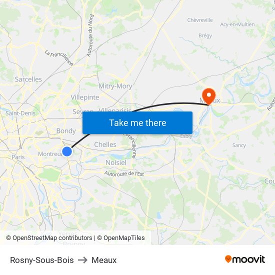 Rosny-Sous-Bois to Meaux map