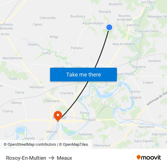 Rosoy-En-Multien to Meaux map