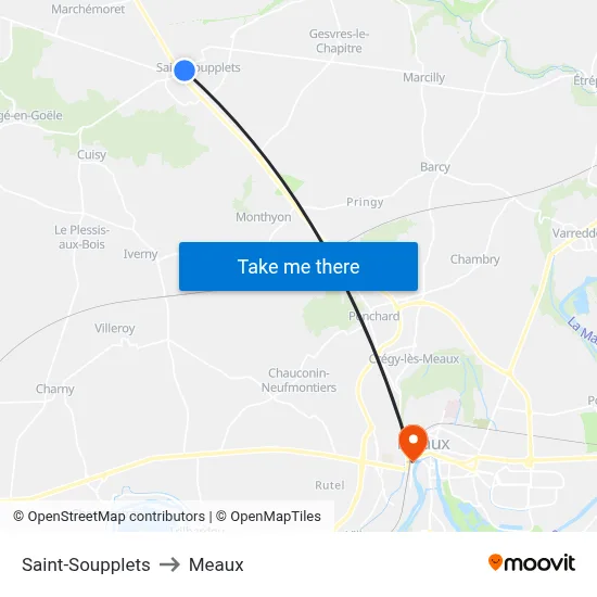 Saint-Soupplets to Meaux map