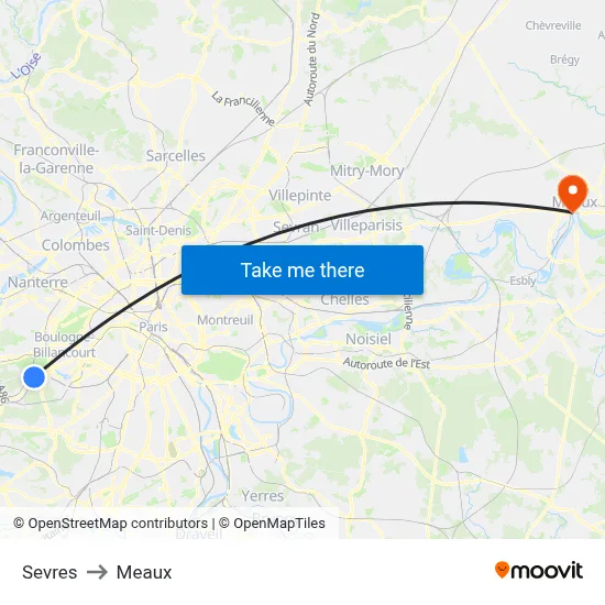 Sevres to Meaux map