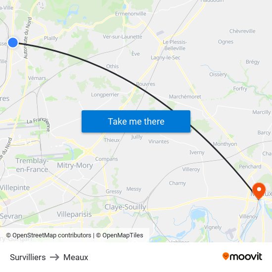 Survilliers to Meaux map