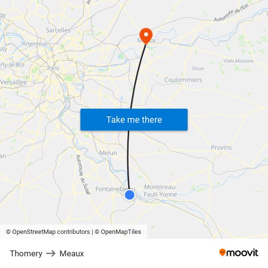 Thomery to Meaux map