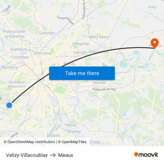 Velizy-Villacoublay to Meaux map