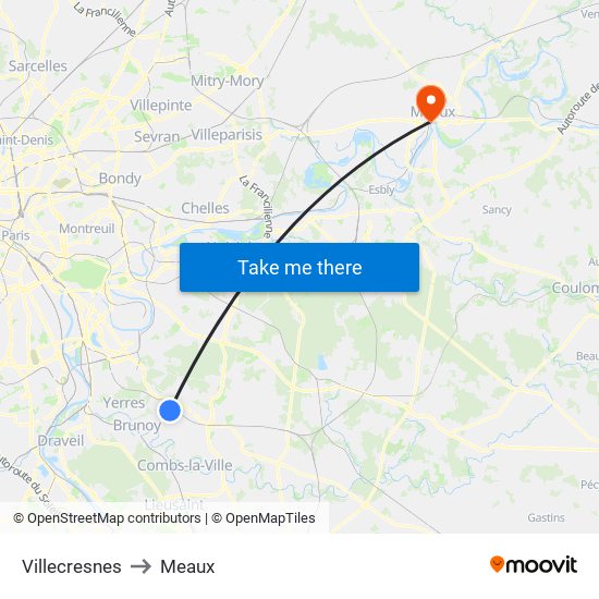 Villecresnes to Meaux map