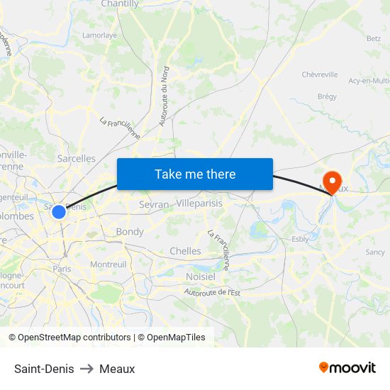 Saint-Denis to Meaux map