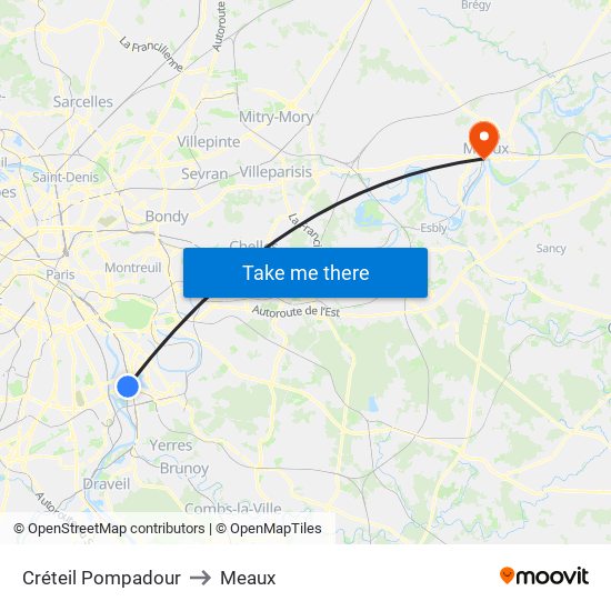 Créteil Pompadour to Meaux map