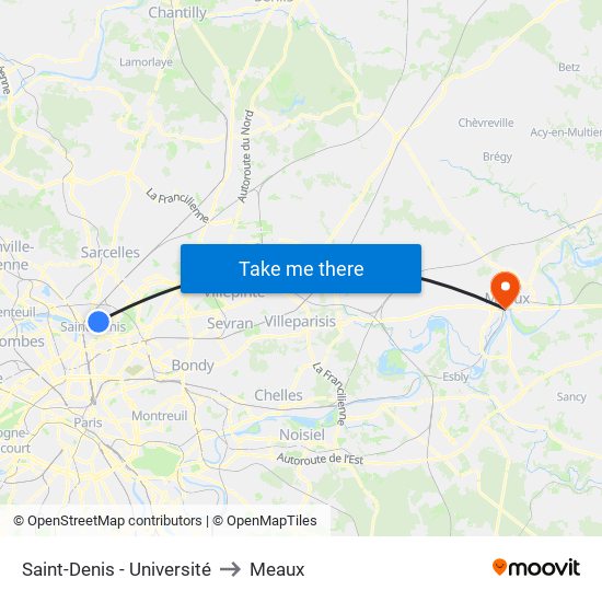 Saint-Denis - Université to Meaux map
