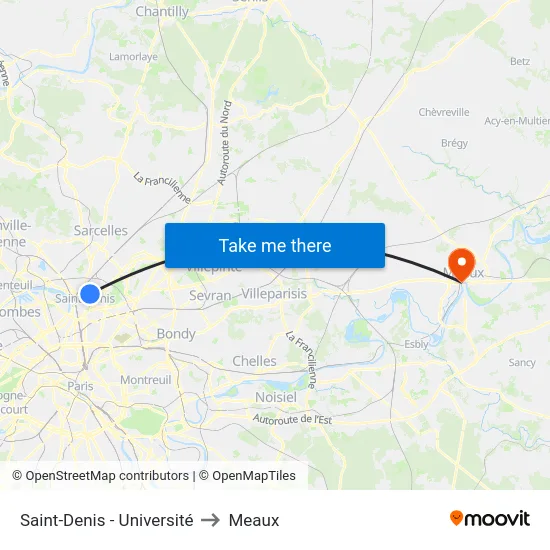 Saint-Denis - Université to Meaux map