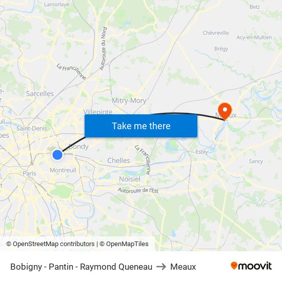 Bobigny - Pantin - Raymond Queneau to Meaux map