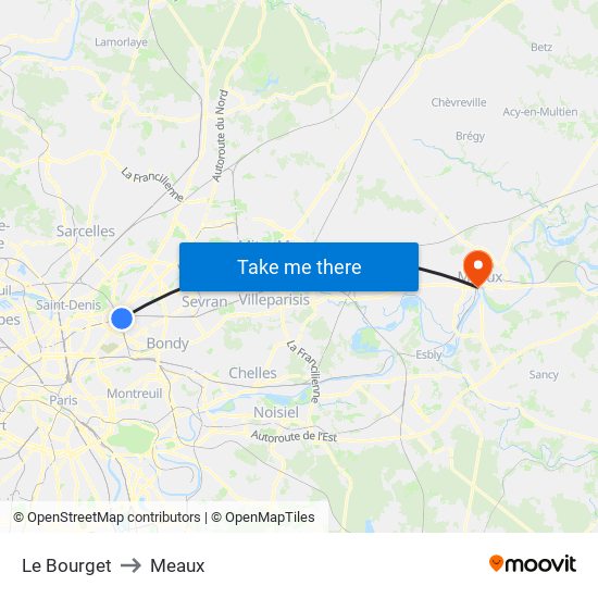 Le Bourget to Meaux map