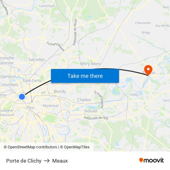 Porte de Clichy to Meaux map