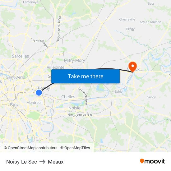 Noisy-Le-Sec to Meaux map