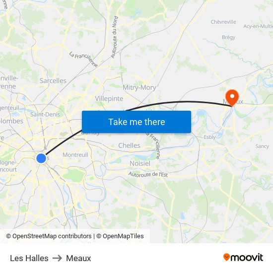 Les Halles to Meaux map