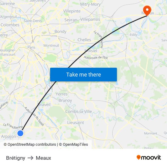 Brétigny to Meaux map