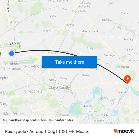 Roissypole - Aéroport Cdg1 (D3) to Meaux map