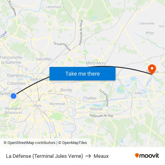 La Défense (Terminal Jules Verne) to Meaux map