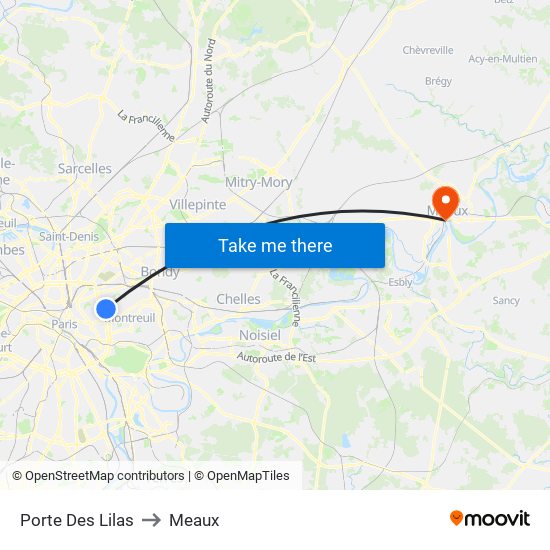 Porte Des Lilas to Meaux map