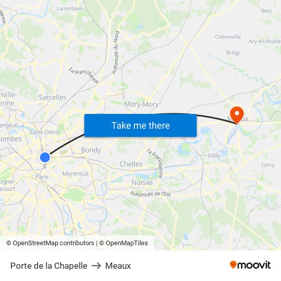 Porte de la Chapelle to Meaux map