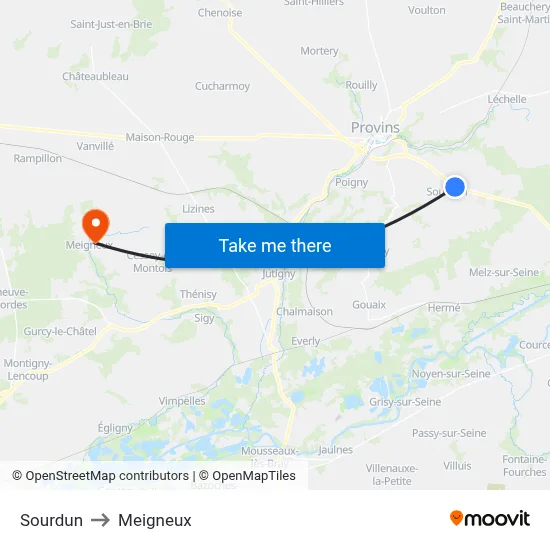 Sourdun to Meigneux map