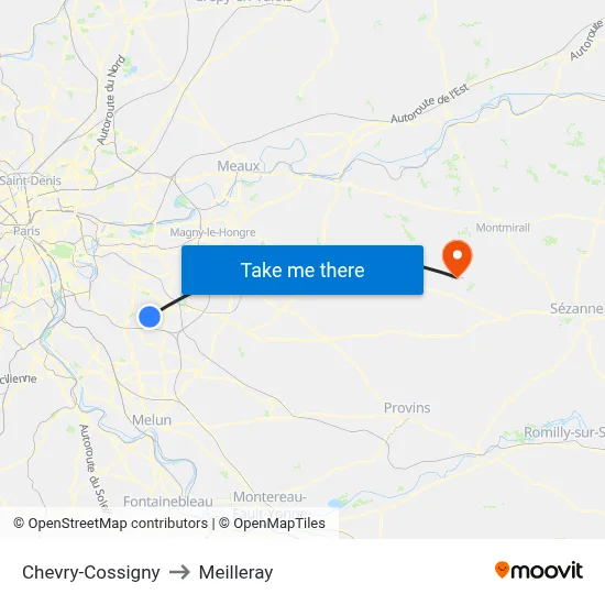 Chevry-Cossigny to Meilleray map