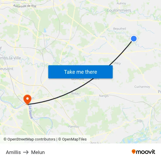 Amillis to Melun map