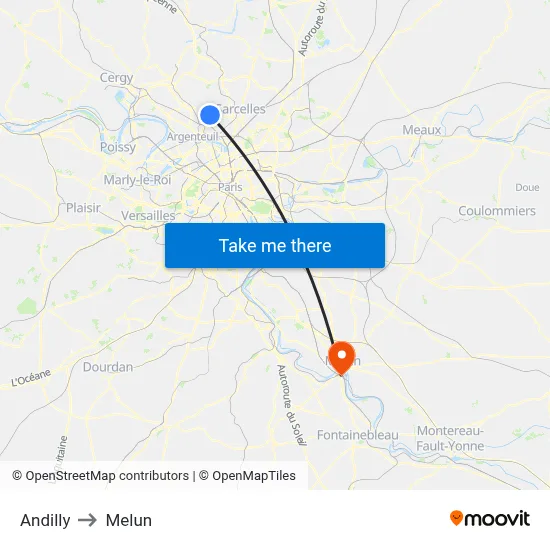 Andilly to Melun map