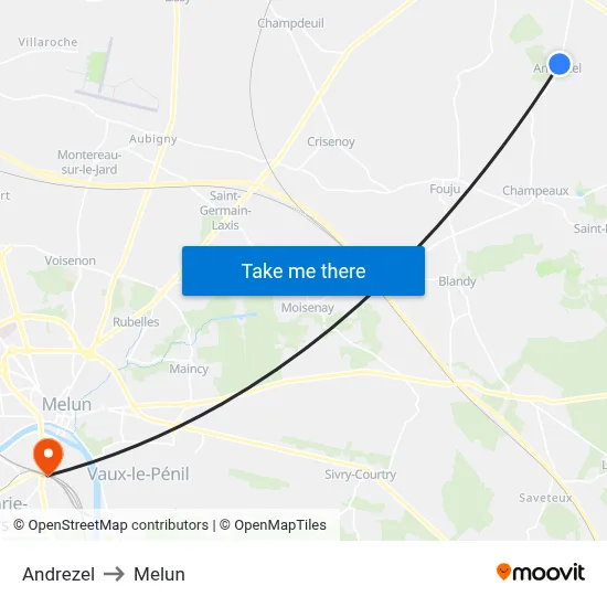 Andrezel to Melun map