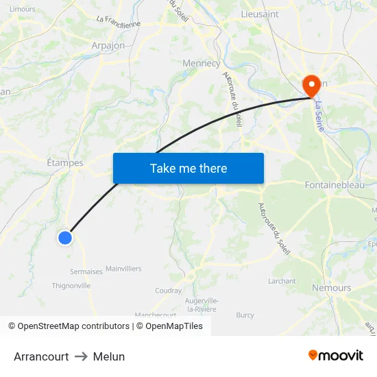 Arrancourt to Melun map