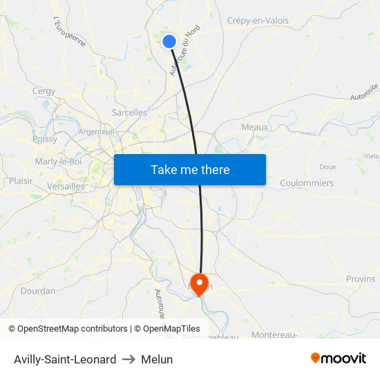 Avilly-Saint-Leonard to Melun map