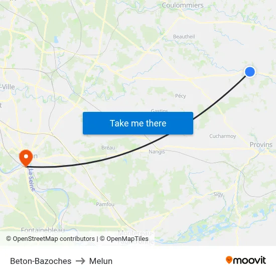 Beton-Bazoches to Melun map