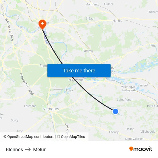 Blennes to Melun map