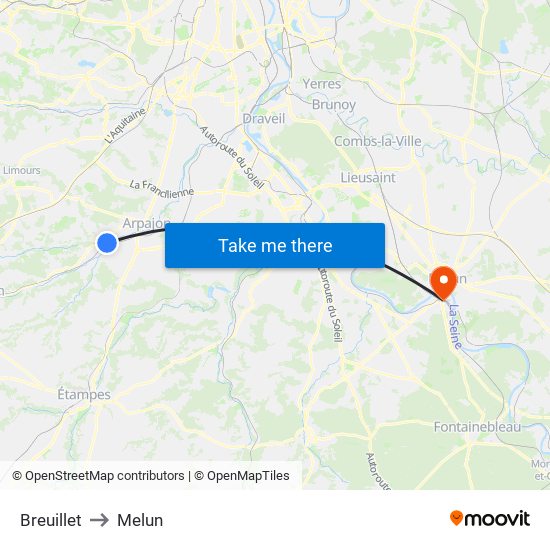 Breuillet to Melun map