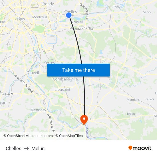 Chelles to Melun map