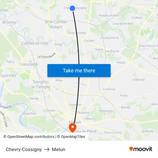 Chevry-Cossigny to Melun map