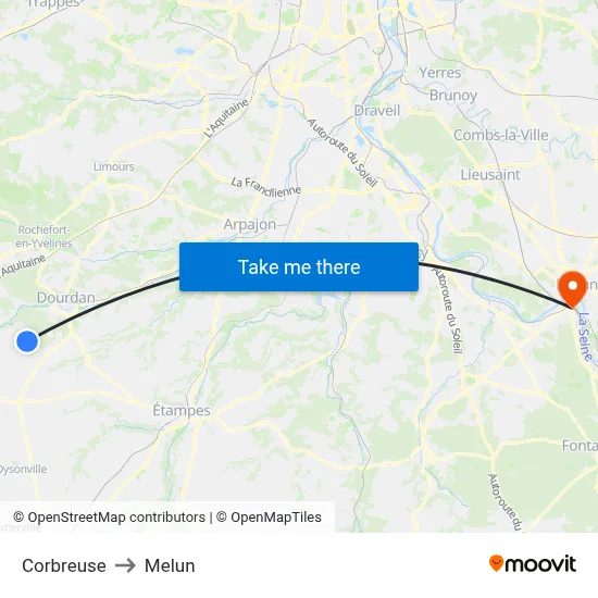 Corbreuse to Melun map