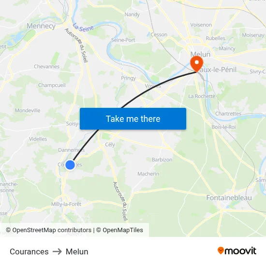 Courances to Melun map