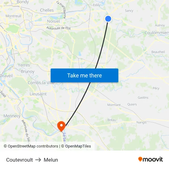 Coutevroult to Melun map