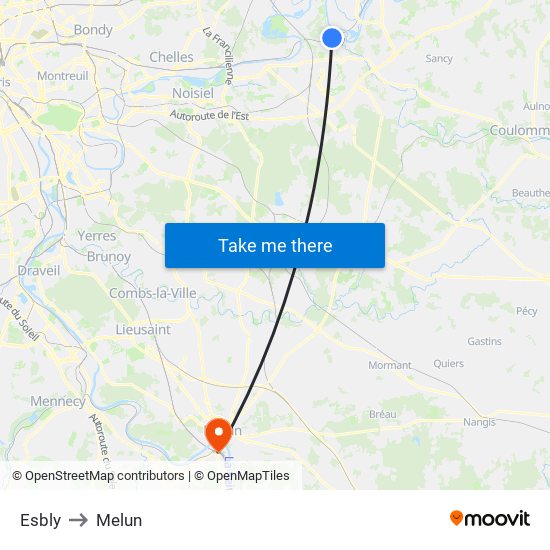 Esbly to Melun map