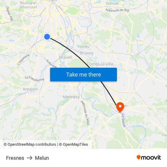 Fresnes to Melun map