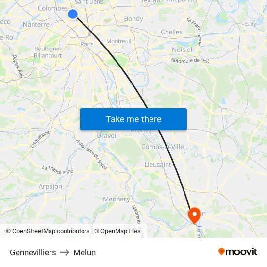 Gennevilliers to Melun map