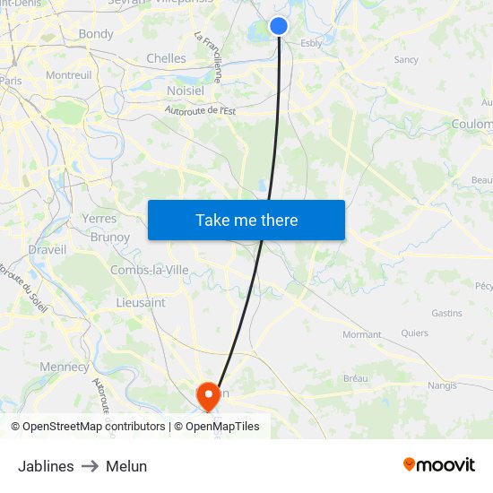 Jablines to Melun map