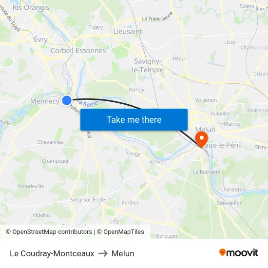 Le Coudray-Montceaux to Melun map
