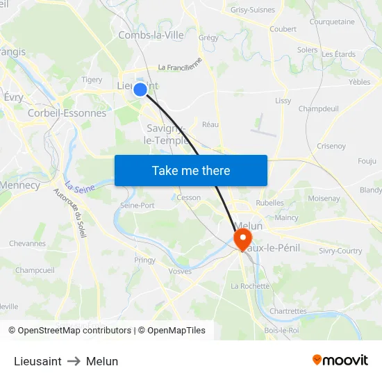 Lieusaint to Melun map