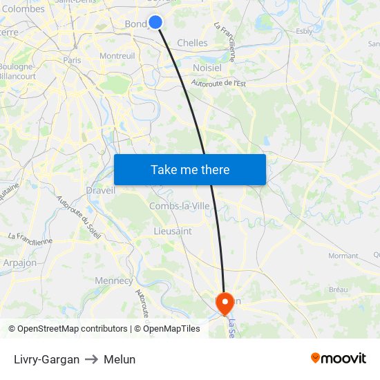 Livry-Gargan to Melun map