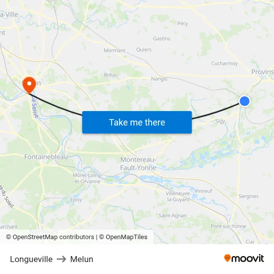 Longueville to Melun map