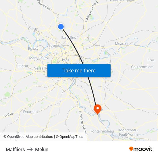 Maffliers to Melun map