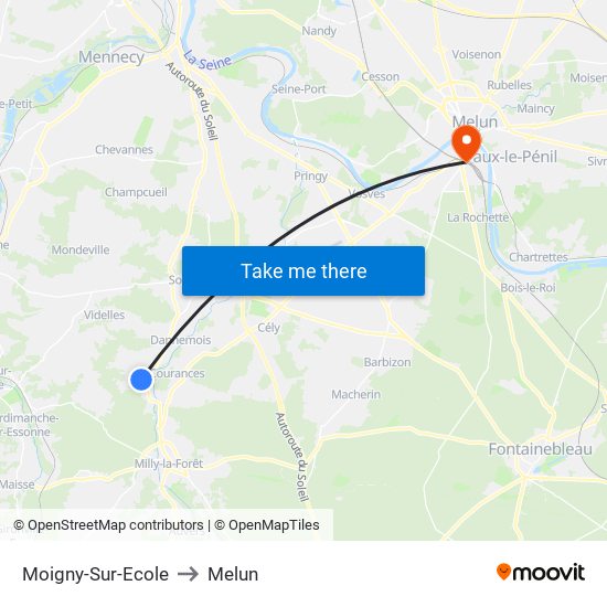 Moigny-Sur-Ecole to Melun map