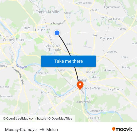 Moissy-Cramayel to Melun map