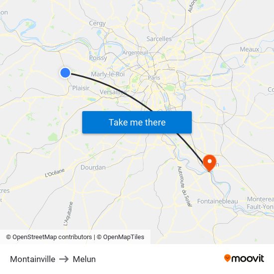 Montainville to Melun map